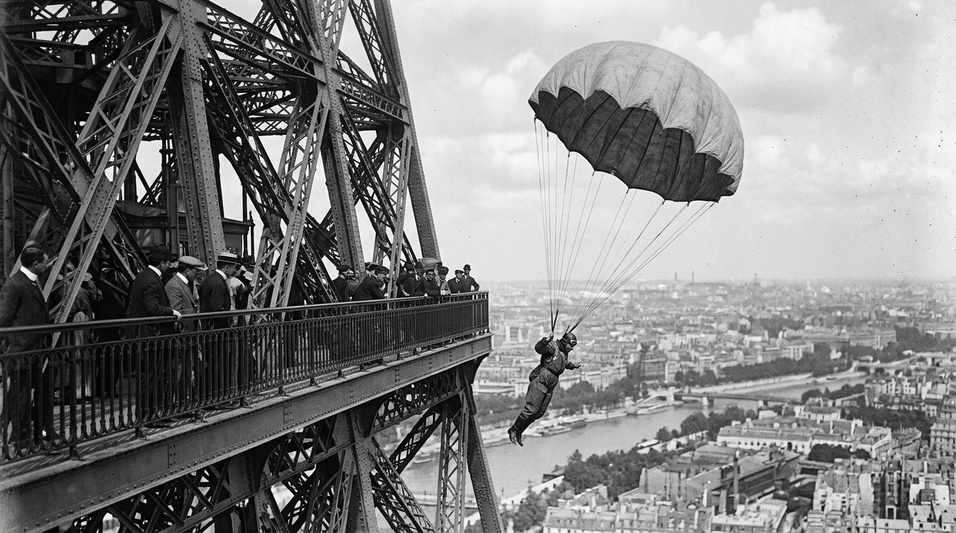 Fini l’idée que les premiers parachutes étaient testés à vide : des hommes sautaient eux-mêmes de la tour Eiffel