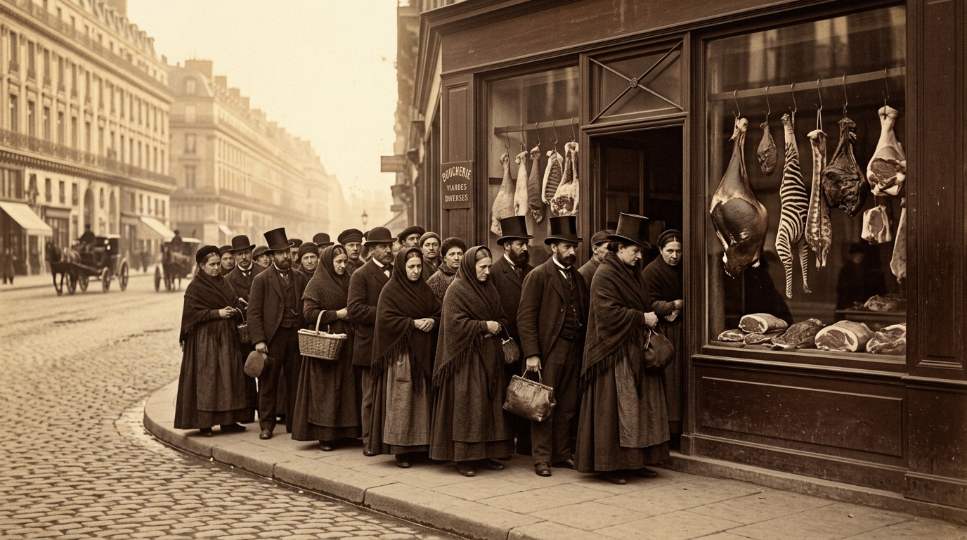Les Parisiens affamés de 1870 faisaient la queue devant une boucherie du boulevard Haussmann : ce qu’on y débitait vient du Jardin des Plantes