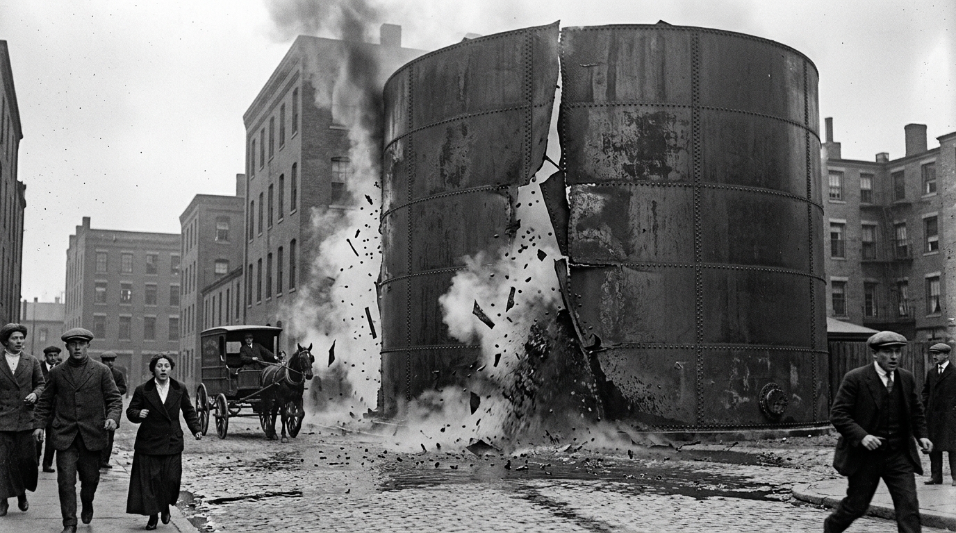 Un réservoir de 8 700 m³ dominait ce quartier de Boston depuis trois ans : le 15 janvier 1919, ses rivets ont lâché en pleine rue